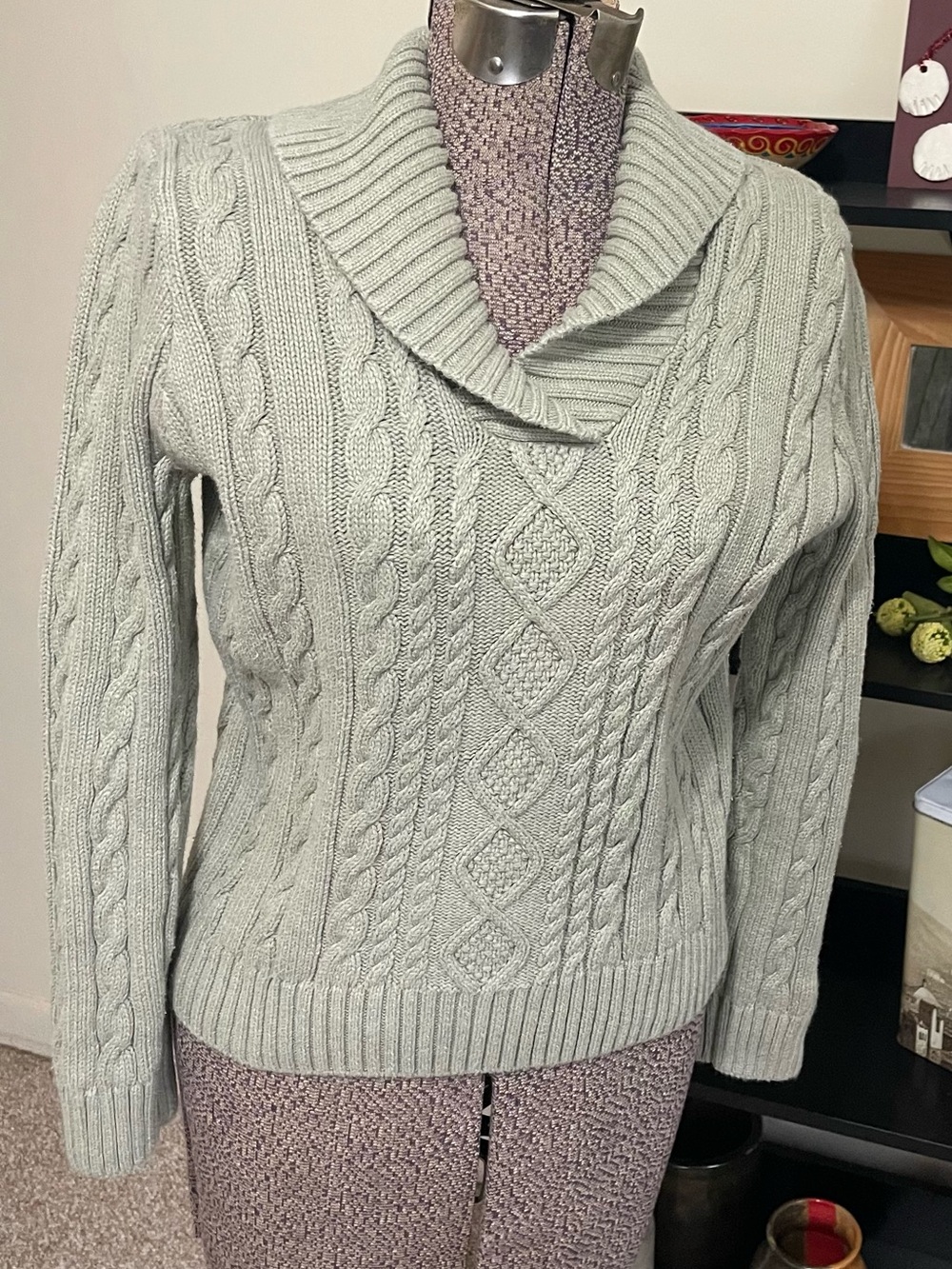 Cozy Cable Knit Shawl Collar Sweater - Light Sage Cotton